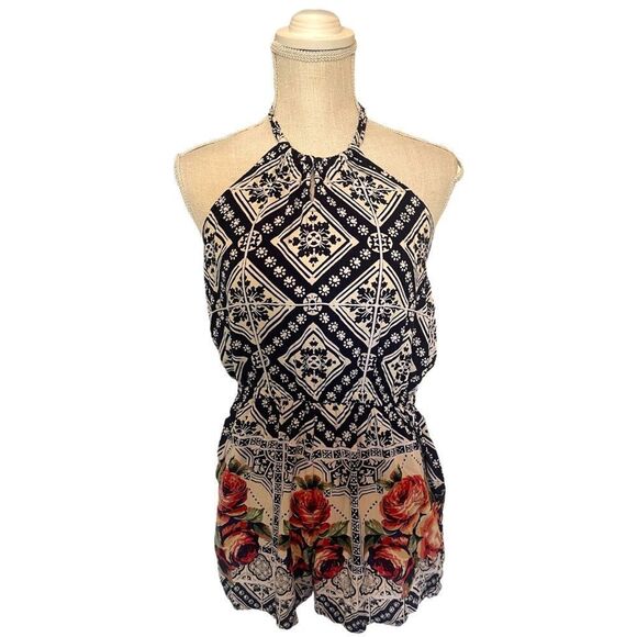 Angie Geometric & Floral Pattern Boho Romper Size Large - Picture 3 of 12